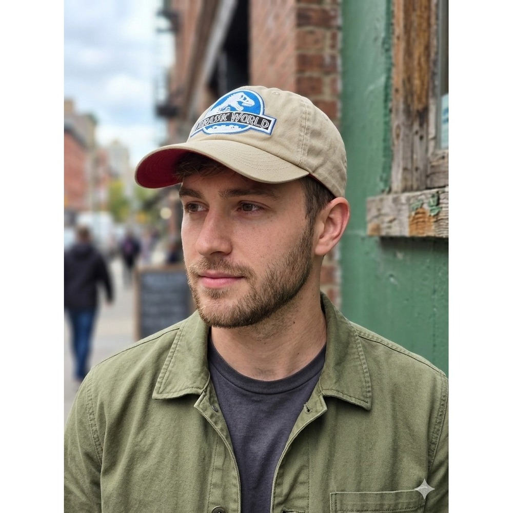 Jurassic World Unisex Khaki Tan Hat Red OS Adjustable Slider Strap Baseball Cap